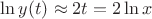 $\ln y(t) \approx 2t=2\ln x$
