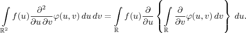 $$
\int\limits_{\mathbb R^2}f(u)\frac{\partial^2}{\partial u\,\partial v}\varphi(u,v)\,du\,dv=\int\limits_{\mathbb R}f(u)\frac{\partial}{\partial u}\left\{\int\limits_{\mathbb R}\frac{\partial}{\partial v}\varphi(u,v)\,dv\right\}\,du.
$$