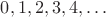 $0,1,2,3,4,\ldots$