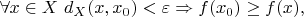 $\forall x\in X\ d_X(x,x_0)<\varepsilon\Rightarrow f(x_0)\geq f(x),$