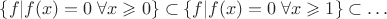 $\{f|f(x) = 0 \;\forall x \geqslant 0\}\subset \{f|f(x) = 0 \;\forall x \geqslant 1\}\subset\dots$