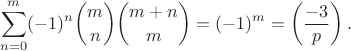 $$\sum_{n=0}^m(-1)^n\binom mn\binom{m+n}m=(-1)^m=\left(\frac{-3}p\right).$$