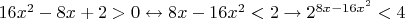 $16x^2-8x+2 > 0 \leftrightarrow 8x-16x^2<2 \rightarrow 2^{8x-16x^2}<4$
