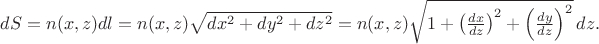 $dS=n(x,z)dl=n(x,z)\sqrt{dx^2+dy^2+dz^2}=n(x,z)\sqrt{1+\left(\frac{dx}{dz}\right)^2+\left(\frac{dy}{dz}\right)^2}\,dz.$