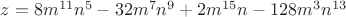 $z = 8{m^{11}}{n^5}-32{m^7}{n^9}+2{m^{15}}n-128{m^3}{n^{13}}$