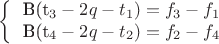 $$\left\{\begin{tabular}{l}
B(t_3-2q-t_1) = f_3 - f_1 \\
B(t_4-2q-t_2) = f_2 - f_4
\end{tabular}\right.$$