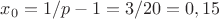 $x_0=1/p-1=3/20=0, 15$