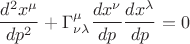 $$\dfrac{d^2x^\mu}{dp^2}+\Gamma^\mu_{\nu\lambda}\dfrac{dx^\nu}{dp}\dfrac{dx^\lambda}{dp}=0$$