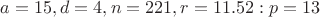 $a=15, d=4, n=221, r=11.52 : p=13$
