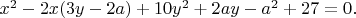 $ x^2-2x(3y-2a)+10y^2+2ay-a^2+27=0.