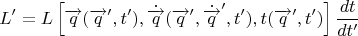 $$
L'=L\left[\overrightarrow{q}(\overrightarrow{q}',t'),\dot{\overrightarrow{q}}(\overrightarrow{q}',\dot{\overrightarrow{q}}',t'),t(\overrightarrow{q}',t')\right]\frac{dt}{dt'}
$$