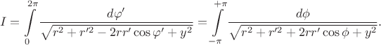 $$I = \int\limits_{0}^{2\pi}\frac{d\varphi'}{\sqrt{r^2+r'^2-2rr'\cos\varphi'+y^2}} = \int\limits_{-\pi}^{+\pi}\frac{d\phi}{\sqrt{r^2+r'^2+2rr'\cos\phi+y^2}}.$$