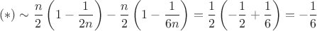 $$(*)\sim {n\over2}\left(1-{1\over2n}\right)-{n\over2}\left(1-{1\over6n}\right)={1\over2}\left(-{1\over2}+{1\over6}\right)=-{1\over6}$$