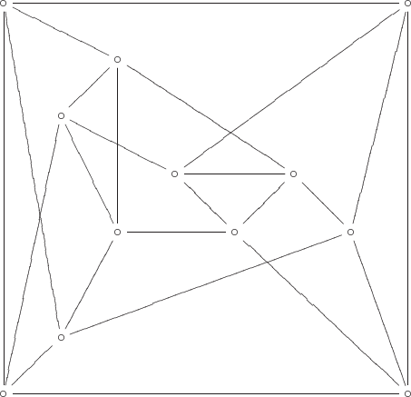 $$\xymatrix{
\circ\ar@{-}[rrrrrrr]\ar@{-}[ddddddd]&&&&&&&\circ\ar@{-}[ddddddd]\ar@{-}[llllddd]\\
&&\circ\ar@{-}[llu]\ar@{-}[ld]\ar@{-}[rrrdd]&&&&&&\\
&\circ&&&&&&&\\
&&&\circ\ar@{-}[llu]\ar@{-}[rd]\ar@{-}[rr]&-&\circ\ar@{-}[rd]\ar@{-}[ld]&&&\\
&&\circ\ar@{-}[uuu]\ar@{-}[luu]&&\circ\ar@{-}[ll]\ar@{-}[rrrdddd]\ar@{-}[rrrddd]&&\circ\ar@{-}[ruuuu]\ar@{-}[llllldd]&&\\
&&&&&&&&\\
&\circ\ar@{-}[luuuuuu]\ar@{-}[ruu]&&&&&&&\\
\circ\ar@{-}[rrrrrrr]\ar@{-}[ru]\ar@{-}[ruuuuu]&&&&&&&\circ\ar@{-}[luuu]\\
}$$