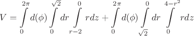$$V=\int\limits_{0}^{2\pi}d(\phi)\int\limits_{0}^{\sqrt{2}}dr\int\limits_{r-2}^{0}rdz+
\int\limits_{0}^{2\pi}d(\phi)\int\limits_{\sqrt{2}}^0dr\int\limits_{0}^{4-r^2}rdz$$