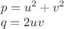 $\\p=u^2+v^2\\
q=2uv
$