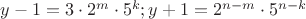 $y-1 = 3 \cdot 2^m \cdot 5^k; y+1 = 2^{n-m} \cdot 5^{n-k}$