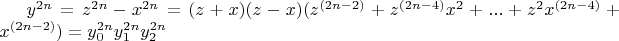 $y^{2n}=z^{2n}-x^{2n}=(z+x)(z-x)(z^{(2n-2)}+z^{(2n-4)}x^2+...+z^2x^{(2n-4)}+x^{(2n-2)})=y_0^{2n}y_1^{2n}y_2^{2n}$