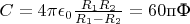 $C=4\pi\epsilon_0\frac{R_1R_2}{R_1-R_2}=60\text{пФ}$