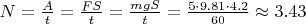 $N = \frac{A}{t} = \frac{FS}{t} = \frac{mgS}{t} = \frac{5 \cdot 9.81\cdot4.2}{60} \approx 3.43$
