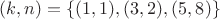 $(k,n)=\{(1,1),(3,2),(5,8)\}$