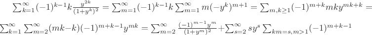$\sum_{k=1}^{\infty}(-1)^{k-1}k\frac {y^{2k}}{(1+y^k)^2}=\sum_{m=1}^{\infty}(-1)^{k-1}k\sum_{m=1}^{\infty}m(-y^k)^{m+1}=\sum_{m,k\geq 1}(-1)^{m+k}mky^{mk+k}=\\\sum_{k=1}^{\infty}\sum_{m=2}^{\infty}(mk-k)(-1)^{m+k-1}y^{mk}=\sum_{m=2}^{\infty}\frac{(-1)^{m-1}y^m}{(1+y^m)^2}+\sum_{s=2}^{\infty}sy^s\sum_{km=s,m>1}(-1)^{m+k-1}$