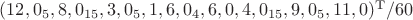 $(12, 0_5, 8, 0_{15}, 3, 0_5, 1, 6, 0_4, 6, 0, 4, 0_{15}, 9, 0_5, 11, 0)^\mathrm{T}/60$