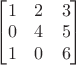 $\begin{bmatrix}1&2&3\\0&4&5\\1&0&6\end{bmatrix}$ $\begin{bmatrix}1&2&3\\0&4&5\\1&0&6\end{bmatrix}$
