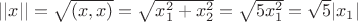 $||x|| = \sqrt{(x,x)} = \sqrt{x_1^2 + x_2^2} = \sqrt {5x_1^2} = \sqrt{5}|x_1|$