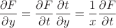 $\dfrac{\partial F}{\partial y}=\dfrac{\partial F}{\partial t}\dfrac{\partial t}{\partial y}=\dfrac{1}{x}\dfrac{\partial F}{\partial t}$