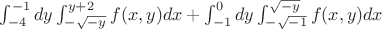 $\int_{-4}^{-1}dy\int_{-\sqrt{-y}}^{y+2}f(x,y)dx+\int_{-1}^0dy\int_{-\sqrt{-1}}^{\sqrt{-y}}f(x,y)dx$