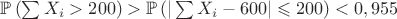 $\mathbb{P}\left(\sum X_i> 200\right)>\mathbb{P}\left(|\sum X_i-600|\leqslant 200\right) <0,955$