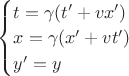 $\begin{cases} t=\gamma(t'+vx') \\ x=\gamma(x'+vt') \\ y'=y \\ \end{cases}$
