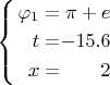 $\left\{ \begin{alignedat}{2}\varphi_{1} & = & \pi+e\\
t & = & -15.6\\
x & = & 2
\end{alignedat}
\right.$