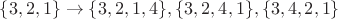 $\{3,2,1\}\to\{3,2,1,4\},\{3,2,4,1\},\{3,4,2,1\}$