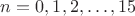 $n = 0, 1, 2, \dots, 15$ $n = 0, 1, 2, \dots, 15$