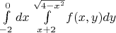 $\int\limits_{-2}^{0}dx   \int\limits_{x+2}^{\sqrt{4-x^2}}f(x,y)dy$