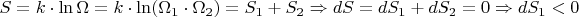 $S=k\cdot \ln\Omega=k\cdot \ln(\Omega_1 \cdot  \Omega_2 )=S_1+S_2\Rightarrow dS=dS_1+dS_2=0\Rightarrow dS_1< 0$