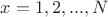 $x=1, 2, ..., N$