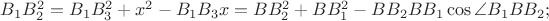 $B_{1}B_{2}^{2}=B_{1}B_{3}^{2}+x^{2}-B_{1}B_{3}x=BB_{2}^{2}+BB_{1}^{2}-BB_{2}BB_{1}\cos{\angle B_{1}BB_{2}};$