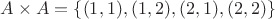 $A \times A = \{(1, 1), (1, 2), (2, 1), (2, 2)\}$