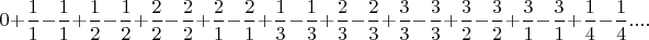 $0 +\dfrac11 -\dfrac11 +\dfrac12 -\dfrac12  +\dfrac22 -\dfrac22 +\dfrac21 -\dfrac21 +\dfrac13-\dfrac13 +\dfrac23 -\dfrac23 +\dfrac33 -\dfrac33 +\dfrac32 -\dfrac32 +\dfrac31-\dfrac31 +\dfrac14-\dfrac14....$