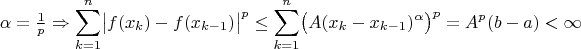 $$\alpha=\tfrac1p\Rightarrow\sum_{k=1}^n\bigl|f(x_k)-f(x_{k-1})\bigr|^p\le\sum_{k=1}^n\bigl(A(x_k-x_{k-1})^\alpha\bigr)^p= A^p(b-a)<\infty$$