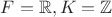 $F = \mathbb{R}, K = \mathbb{Z}$