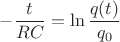 $-\dfrac{t}{RC}=\ln{\dfrac{q(t)}{q_0}}$ $-\dfrac{t}{RC}=\ln{\dfrac{q(t)}{q_0}}$