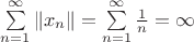 $\sum\limits_{n=1}^{\infty}\|x_n\|=\sum\limits_{n=1}^{\infty}\frac{1}{n}=\infty$