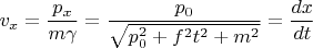 $v_x=\dfrac{p_x}{m\gamma}=\dfrac{p_0}{\sqrt{p_0^2+f^2t^2+m^2}}=\dfrac{dx}{dt}$