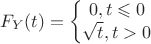 $$F_{Y}(t) = \left\{\begin{matrix}
0, t \leqslant0\\ 
\sqrt{t}, t>0
\end{matrix}\right.$$