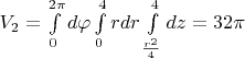 $V_{2} = \int\limits_{0}^{2\pi} d \varphi \int\limits_{0}^{4} r dr \int\limits_{\frac{r^2}{4}}^{4} dz = 32 \pi$