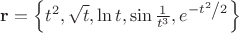 $\[{\mathbf{r}} = \left\{ {t^2 ,\sqrt t ,\ln t,\sin \frac{1}{{t^3 }},e^{ - {{t^2 } \mathord{\left/ {\vphantom {{t^2 } 2}} \right. \kern-\nulldelimiterspace} 2}} } \right\}\]$
